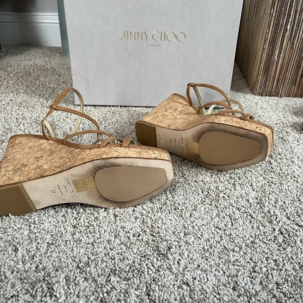 Jimmy Choo Brown Suede Cork Wedge Sandals with Gold Accent